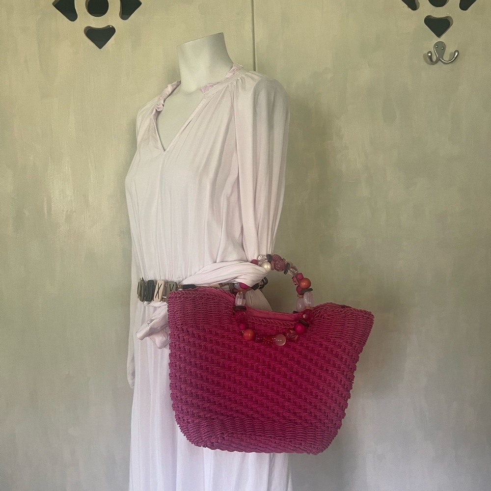 Summer pink woven straw rope purse with beaded handles